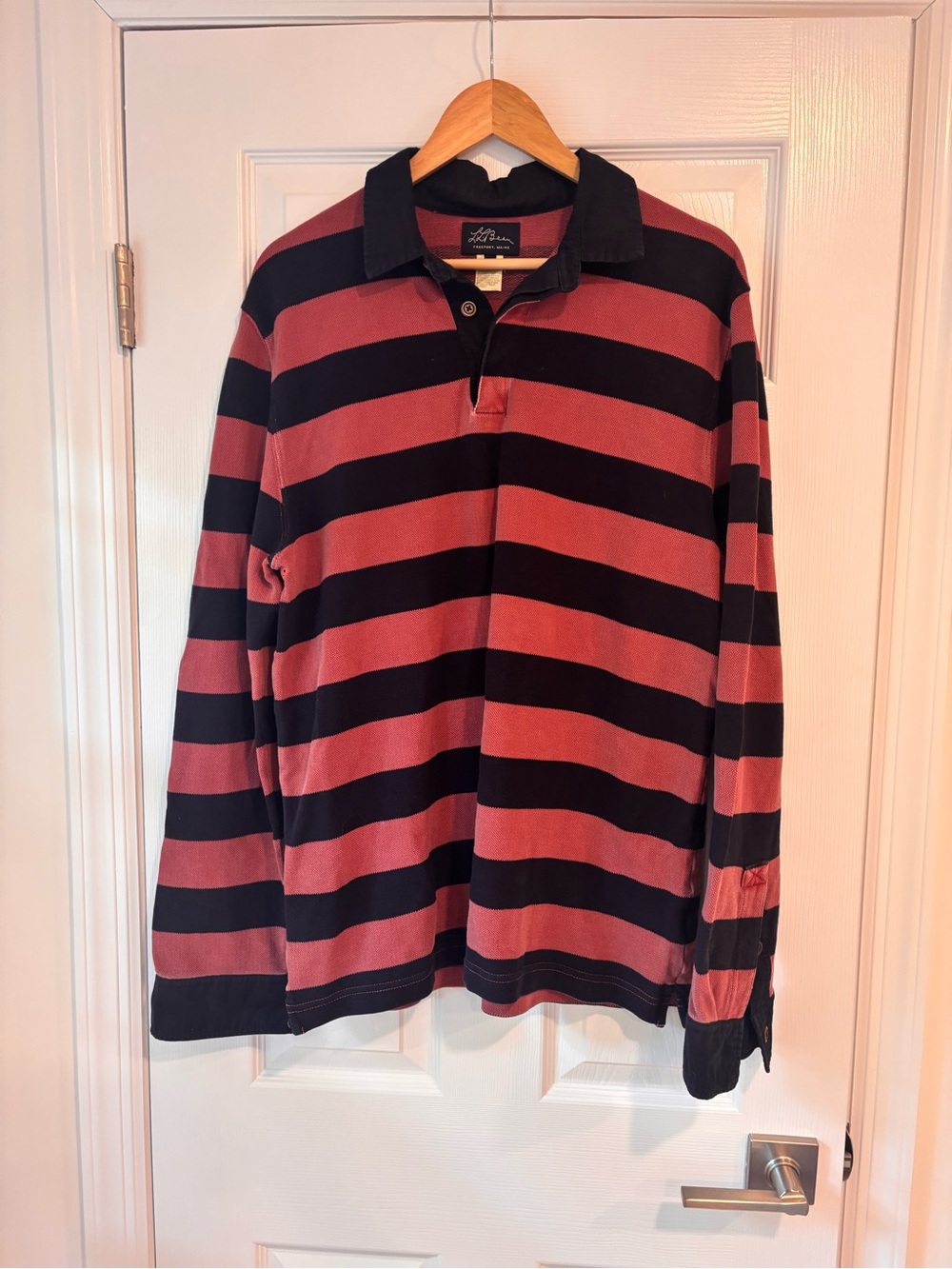 L.L.Bean long-sleeve rugby shirt in maroon and navy blue stripes size large